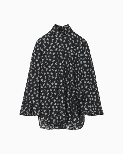 Floral Jacquard Hight Neck Blouse - navy