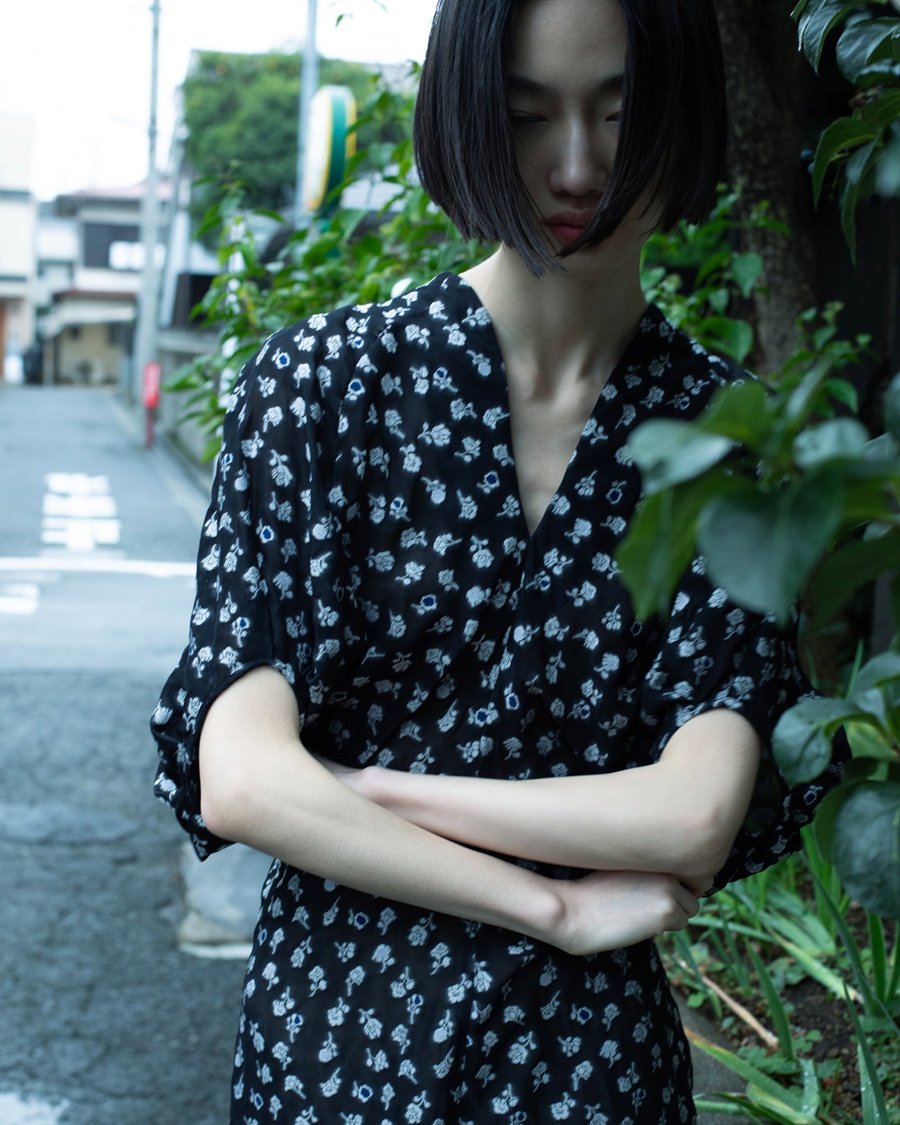 Floral Jacquard Volume Sleeves Dress - navy