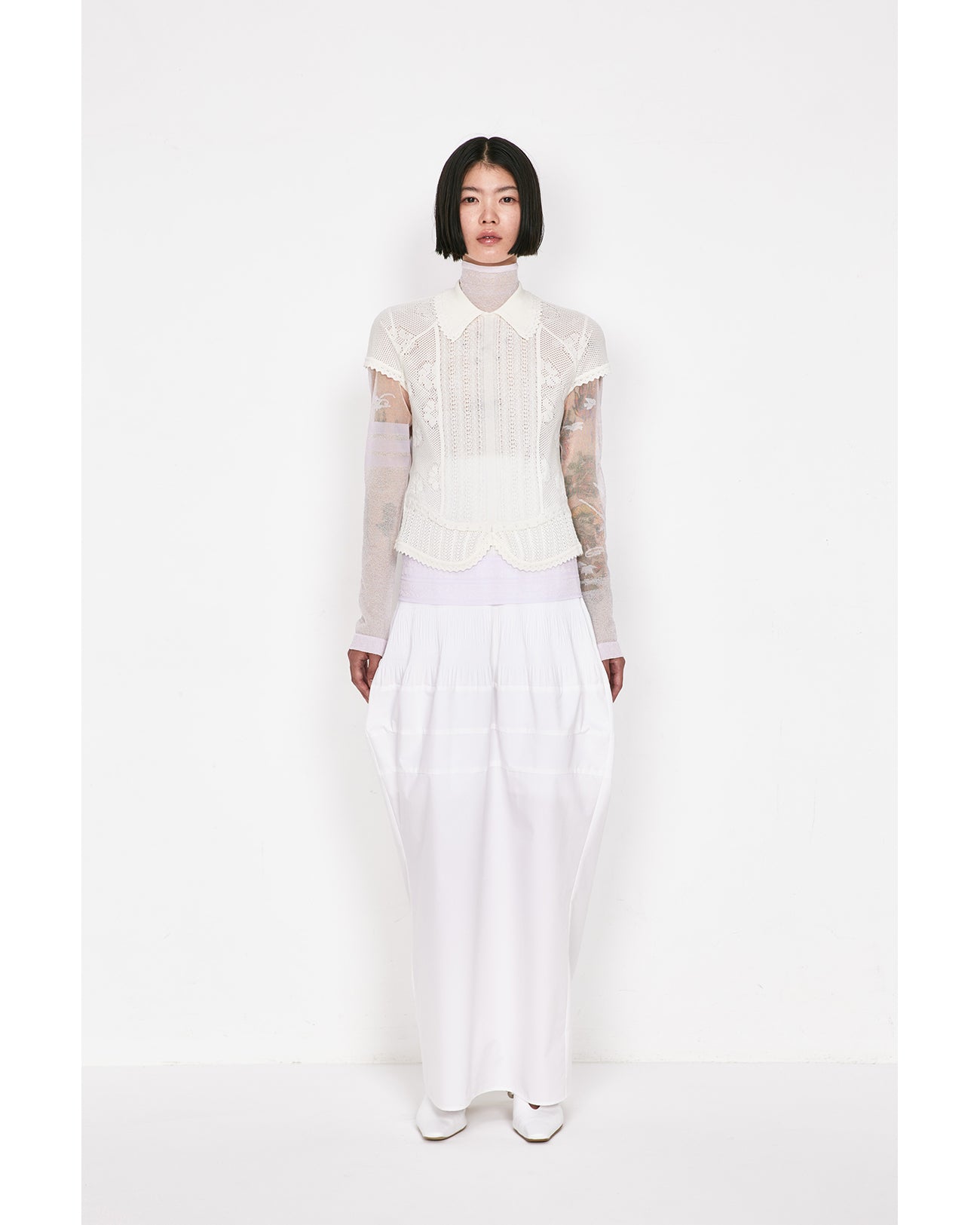 Nature Pattern Sheer Knitted High Neck Top - white