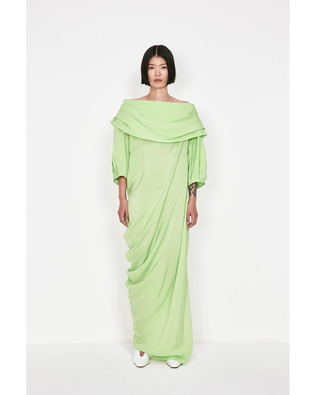 Volume Drape Wide Collar Dress - light green