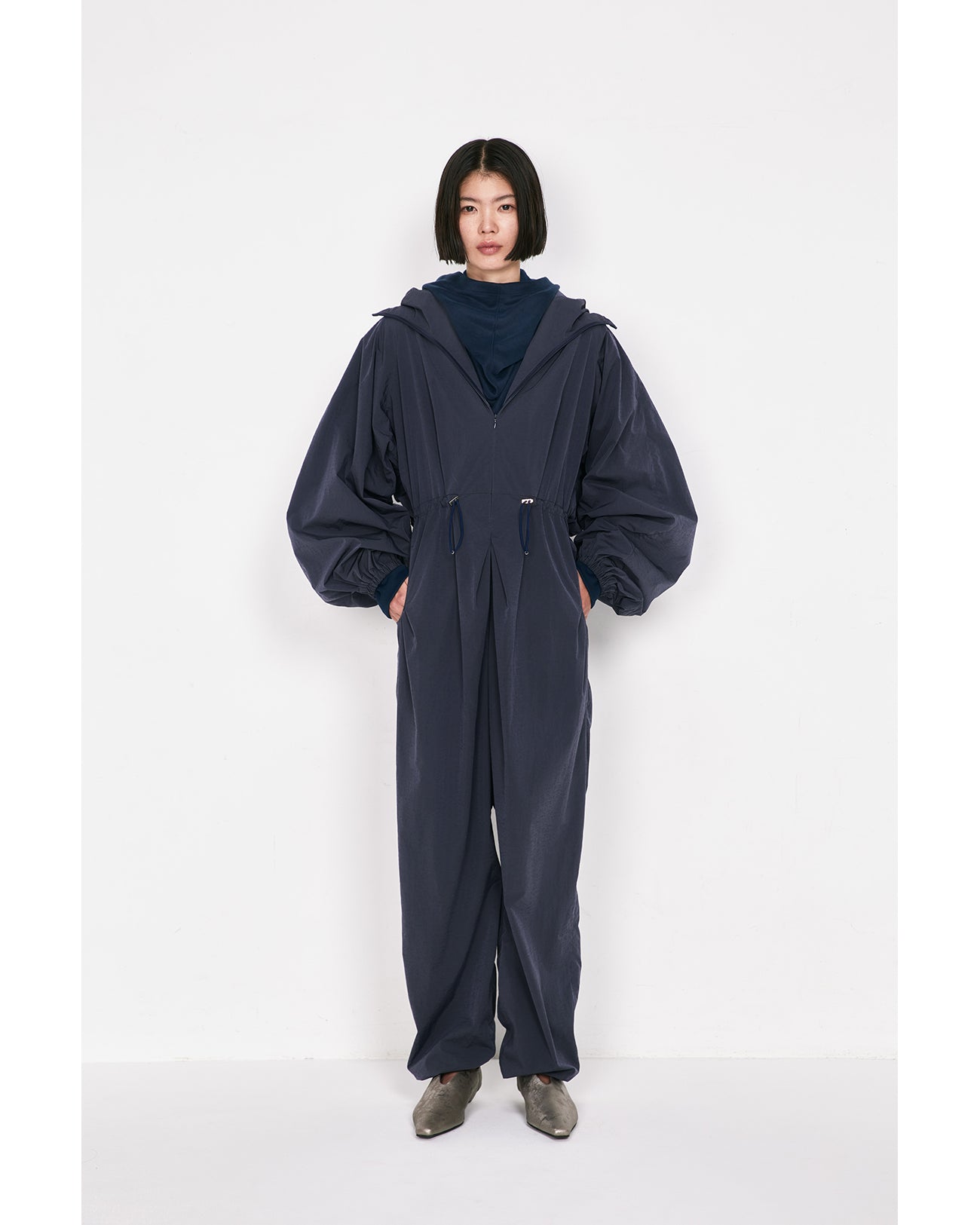 Split Yarn Hooded Jump Suit - navy