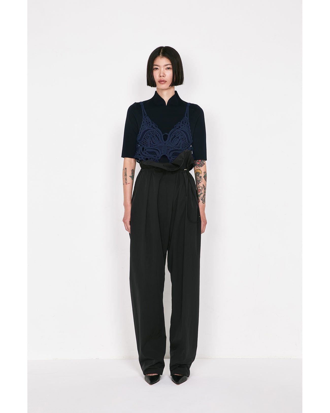 Split Yarn High Waisted Drawstring Trousers - black