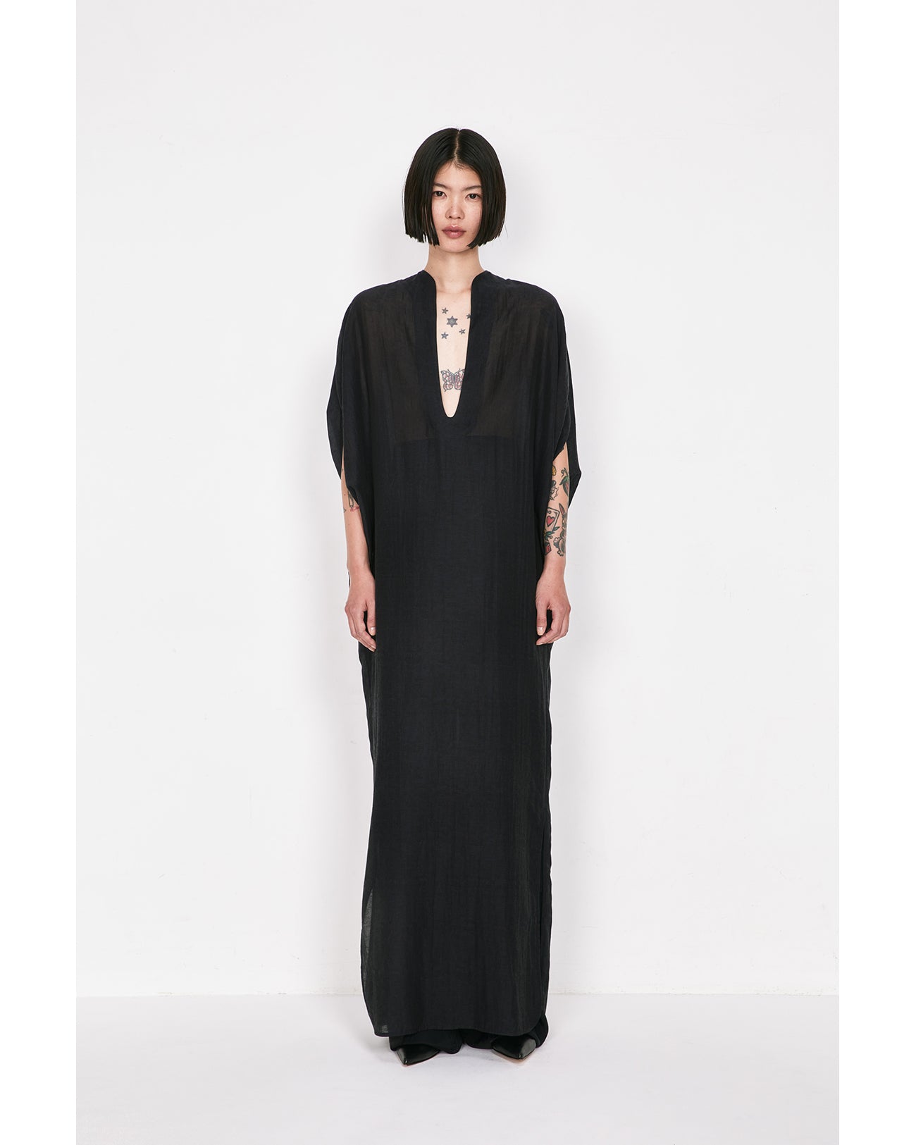 Botanical Motif Sheer Deep V-Neck Dress - black