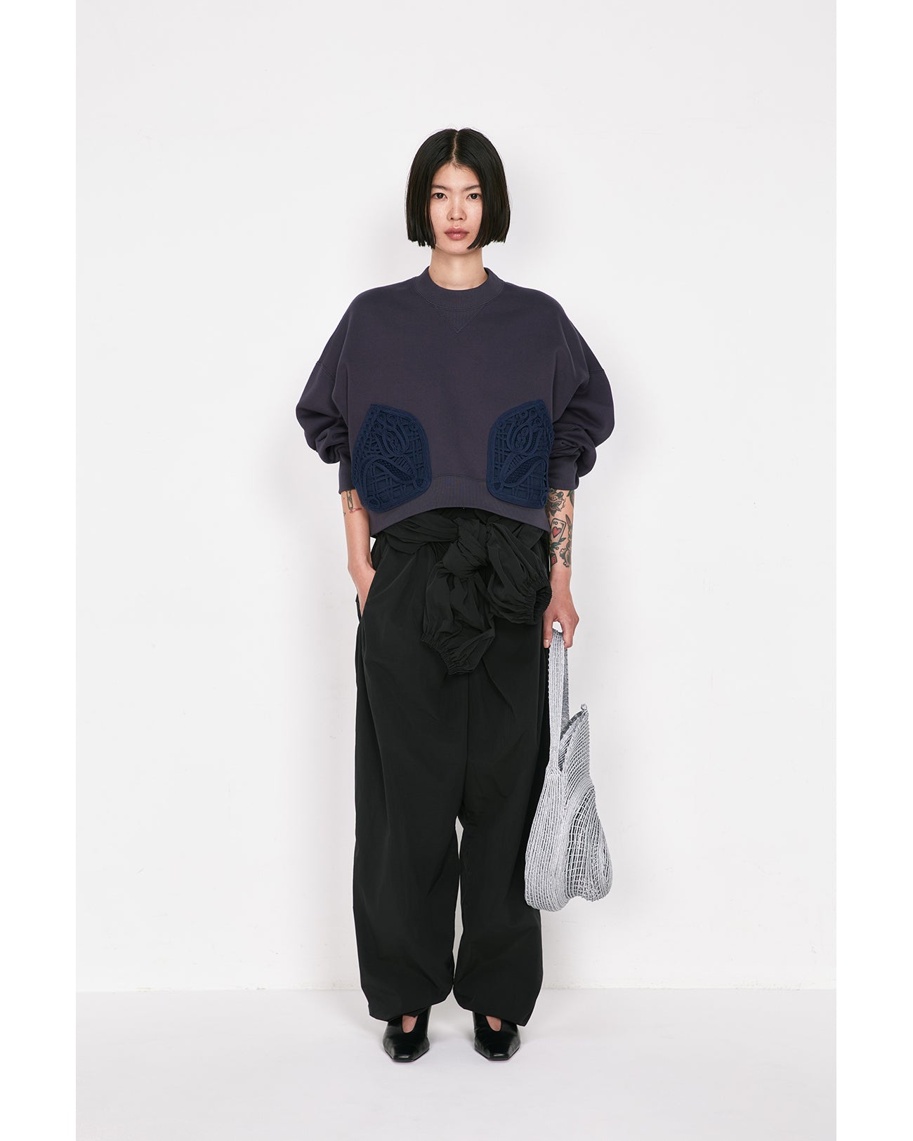 Cording Embroidery Cropped Sweatshirt - navy