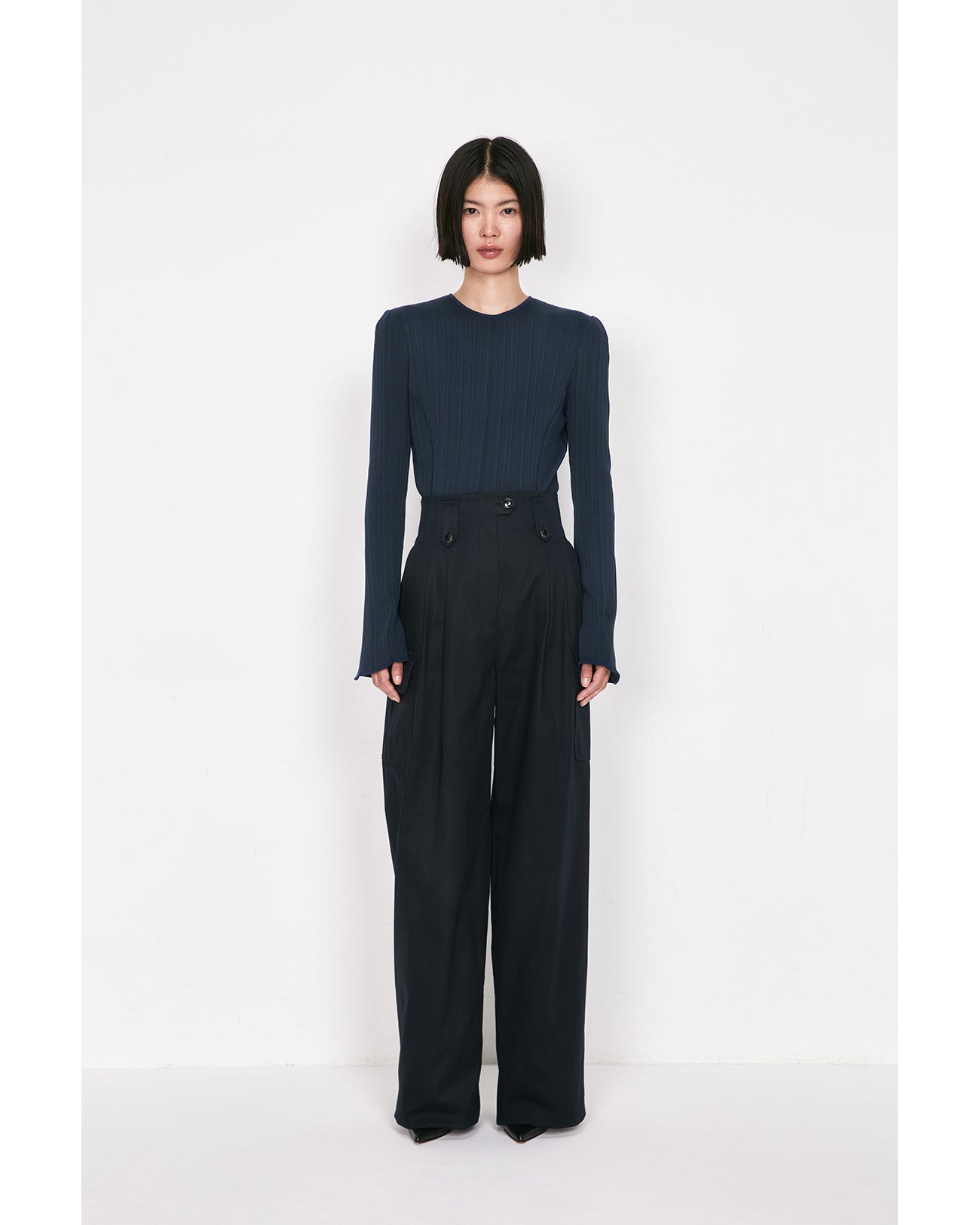 Organic Cotton Twill High Waisted Wide Trousers - navy