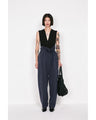 Split Yarn High Waisted Drawstring Trousers - navy