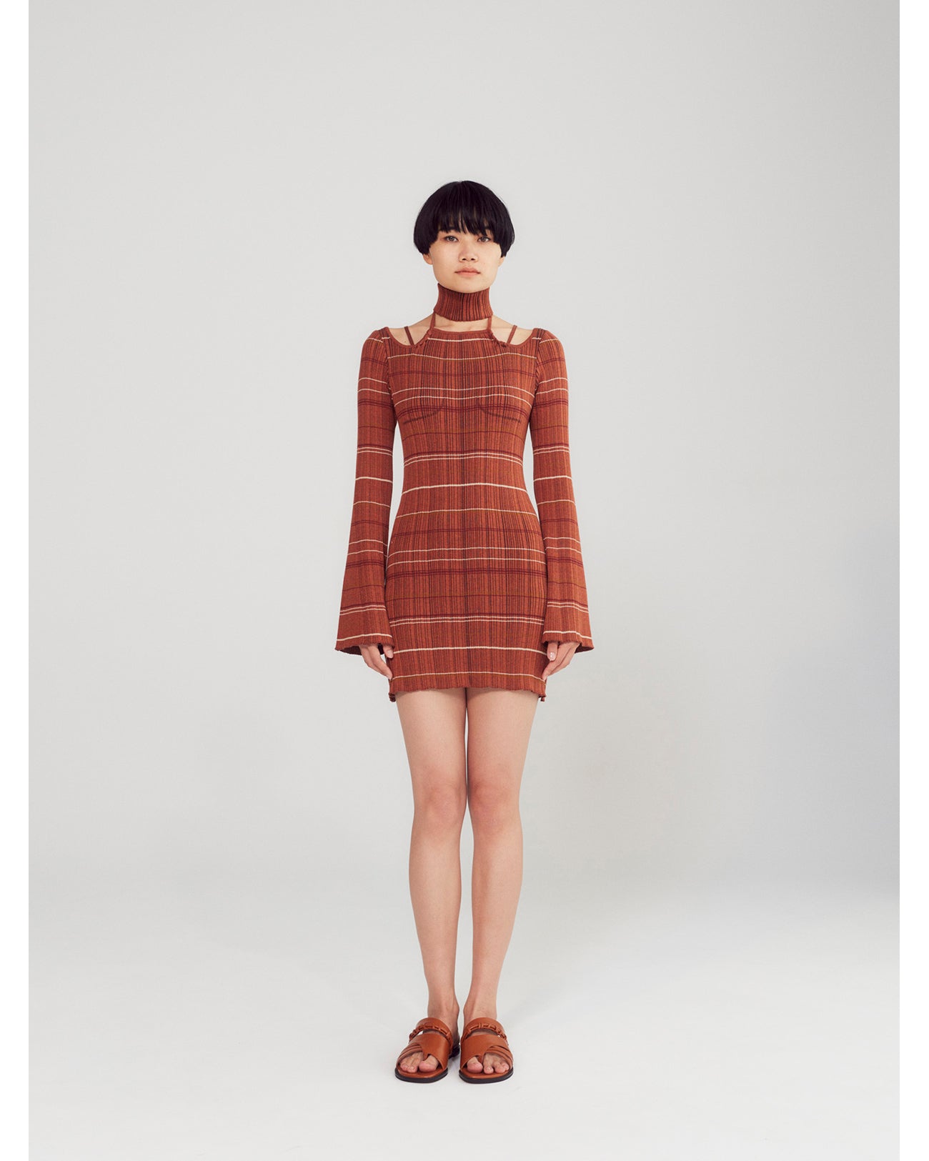 Random Ribbed Plaid Knitted Dress With Choker - brown - Mame