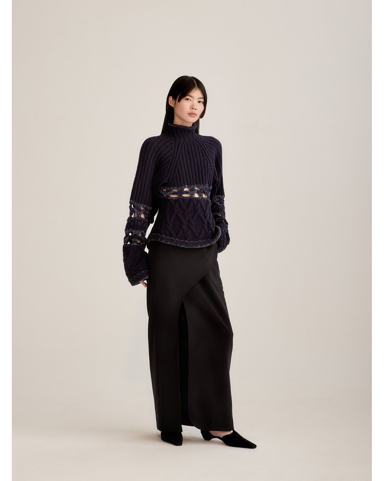 Acetate Polyester Curved Line Slit Skirt - black - Mame Kurogouchi