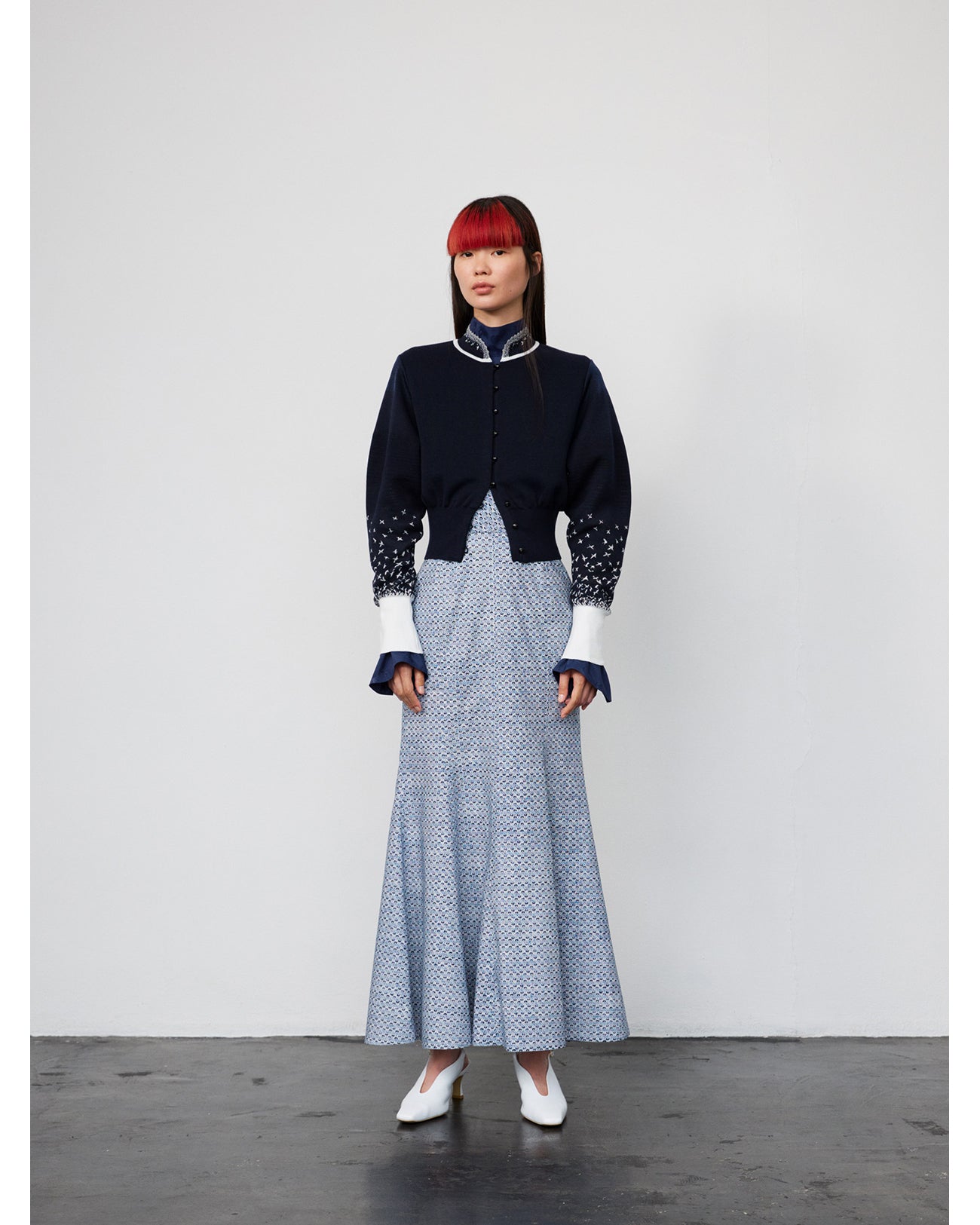 Crane Pattern Hand Printed Skirt - navy - Mame Kurogouchi