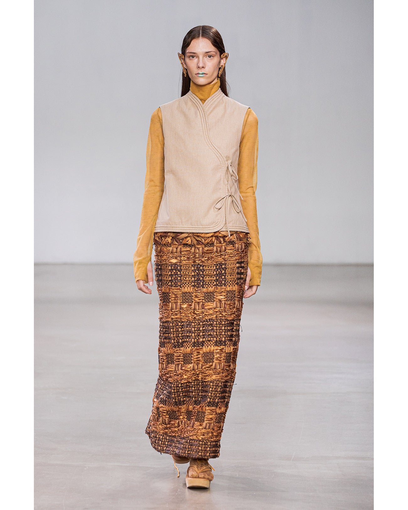 Marble Printed Plaid Sheer High Neck Top - brown - Mame Kurogouchi